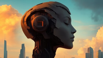 Aufkleber - Futuristic Robot Profile with City Skyline and Dramatic Clouds in Background