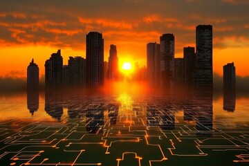 Poster - Urban skyline illuminated by a sunset with reflections and circuit patterns in the foreground