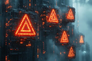 Aufkleber - Futuristic urban landscape featuring glowing red hazard symbols amidst foggy environment