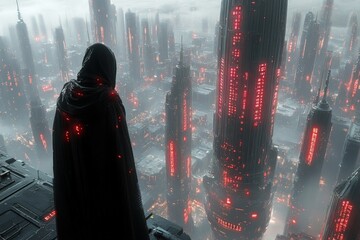 Poster - Mysterious figure overlooks futuristic cityscape illuminated by red lights at dusk