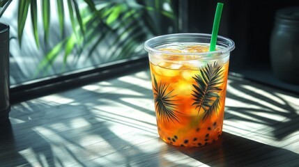 Poster - A clear cup filled with a colorful tropical drink sits on a wooden table. The sunlight creates playful shadows from nearby green plants, enhancing the atmosphere.