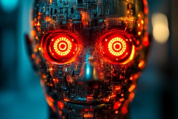 Aufkleber - Futuristic robot with glowing red eyes showcases intricate circuitry in a dark environment