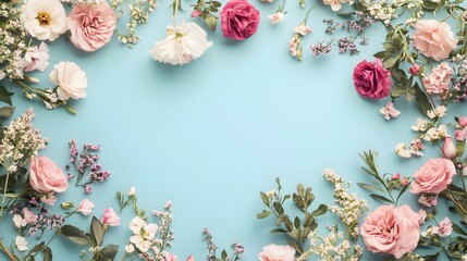 Poster - Floral frame composition creating copy space on light blue background