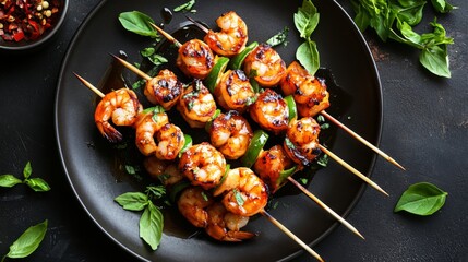 Poster - A creative shot of skewered shrimp kebabs with a marinade glistening in the light, arranged artfully on a dark plate with fresh herbs for contrast.