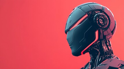 Poster - Futuristic Robot Profile with Sleek Design Against Vibrant Red Background in Digital Art Style