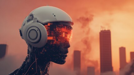Poster - Futuristic Robot Head with Neon Lights and Urban Skyline at Sunset