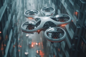 Poster - Futuristic drone flying above a bustling urban street at dusk amidst reflective buildings