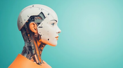 Poster - Futuristic Humanlike Robot Head with Detailed Mechanical Features Against Vibrant Background