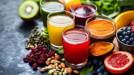 Poster - Colorful detox juices promoting healthy eating habits with fresh ingredients
