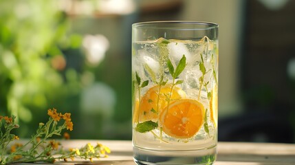 Poster - Refreshing summer drink with lemon, mint and ice cubes on a wooden table