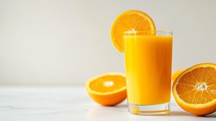 Poster - A minimalist presentation of freshly squeezed orange juice in a clear glass, with a vibrant orange slice on the rim and a clean white background for a fresh look.
