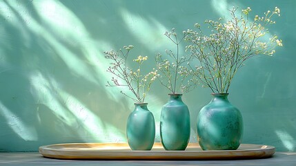 Poster - Teal Vases with White Flowers Minimalist Home Decor Image