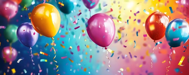 Poster - Colorful balloons floating with falling confetti on festive background