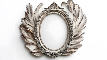 Aufkleber - Oval silver baroque frame decorated with feathers on white background