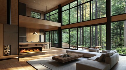 Poster - A spacious open-concept living area with minimalist decor, highlighting a sleek fireplace, large windows, and a harmonious blend of natural materials for a tranquil vibe.