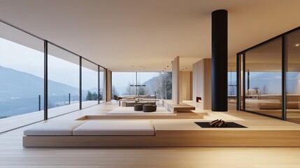Poster - A spacious open-concept living area with minimalist decor, highlighting a sleek fireplace, large windows, and a harmonious blend of natural materials for a tranquil vibe.