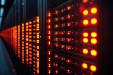Poster - Bright red lights illuminate a server room filled with data storage devices during nighttime operations