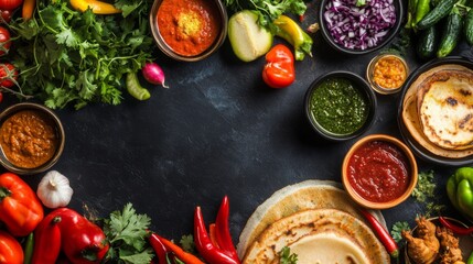Poster - A top-down view of a festive table set with dosas, chutneys, and fresh vegetables, creating a colorful and inviting atmosphere for a South Indian meal.