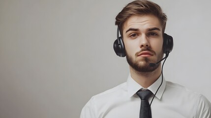 Poster - Serious male call center operator wearing headset and looking directly into camera