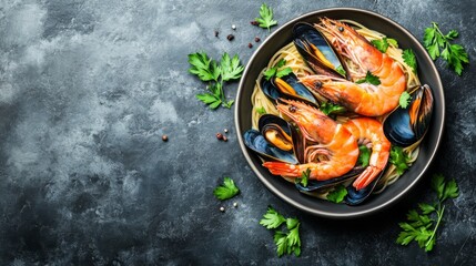 Poster - A top-down view of a fresh seafood pasta dish, featuring shrimp and mussels in a rich sauce, garnished with parsley and served in a large bowl.