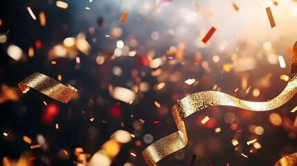 Aufkleber - Golden confetti and ribbons falling during festive celebration