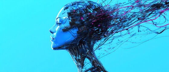 Poster - Futuristic profile of a humanoid figure with flowing digital strands