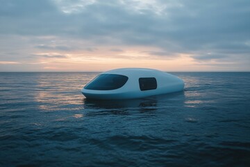 Poster - Futuristic vessel floating on calm water during twilight with a serene sky backdrop