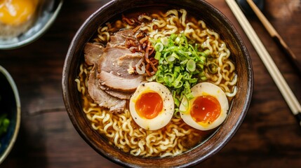 Poster - A top-down view of a ramen dish with thick noodles and an assortment of toppings, served in a rustic bowl with chopsticks resting on the side for an authentic touch.