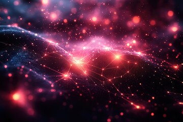 Poster - Vibrant digital landscape with glowing particles and abstract wave formations during a cosmic event