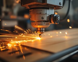 Poster - CNC Router in Action, Precision Cutting on Plywood, Sparks Fly, Manufacturing Process