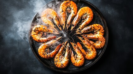 Poster - A top-down view of large grilled prawns arranged in a circle on a platter, with steam rising and a golden-brown char on the prawns shells.