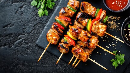 Poster - A top-down view of yakitori skewers served on a black slate plate, accompanied by colorful dipping sauces and garnished with fresh vegetables for a striking contrast.