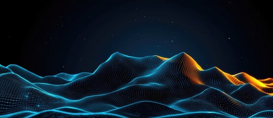 Poster - A digital landscape featuring glowing blue and orange mountains on a dark background, evoking a futuristic and abstract atmosphere.
