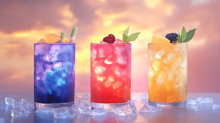 Poster - Colorful cocktails garnished with fruit and herbs at sunset