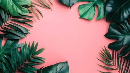 Aufkleber - Tropical green leaves creating frame on pink background