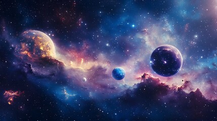 Poster - Colorful nebula and planets illuminating the vastness of space
