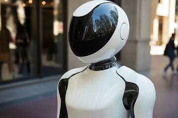 Poster - Modern robot stands on a bustling city sidewalk showcasing advanced technology amidst urban life