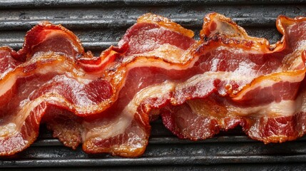 Poster - Bacon cooking on a grill, with detailed focus on the charred edges and marbled fat turning crispy under the heat.