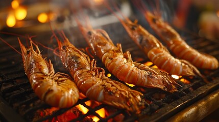 Poster - Close-up shot of large grilled prawns with crispy shells on a traditional Thai charcoal grill, glowing embers visible underneath.