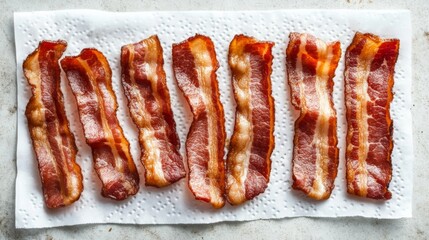 Poster - Golden, crispy bacon strips laid out in a neat row on a white paper towel to absorb excess grease, with glistening fat.