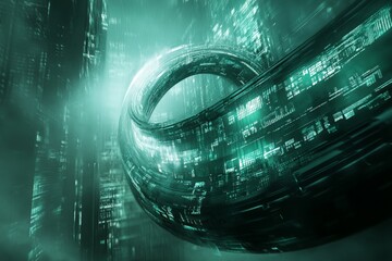 Aufkleber - Digital landscape with swirling green data structures in a futuristic cityscape at night