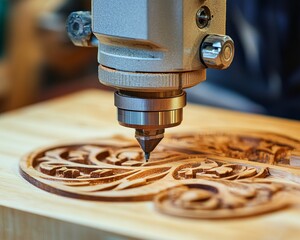 Poster - CNC Router Carving Intricate Design on Wood, Precision Machining and Woodworking Technology