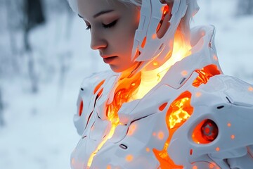 Aufkleber - Futuristic figure in luminous armor stands in a snowy landscape during a tranquil winter twilight