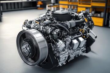 Poster - Engine assembly displayed in a workshop during daylight showcasing intricate mechanical details