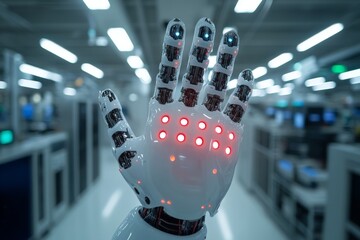 Fototapete - Advanced robotic hand showcasing intricate technology in a modern manufacturing facility