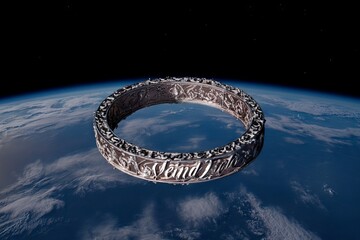 Leinwandbilder - Stunning metallic ring orbiting Earth with intricate designs and celestial backdrop