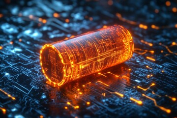 Fototapete - Glowing energy cylinder lies on a futuristic circuit board surface in a digital landscape during nighttime glow