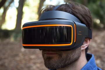Aufkleber - Individual engages with virtual reality headset in forest setting during daylight hours