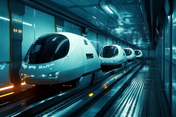 Aufkleber - Futuristic autonomous pods in a tunnel travel on a magnetic levitation track in a futuristic transport system setting