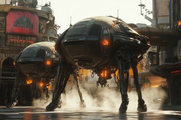 Poster - two robotic vehicles walk on a wet surface in a futuristic cityscape during the day